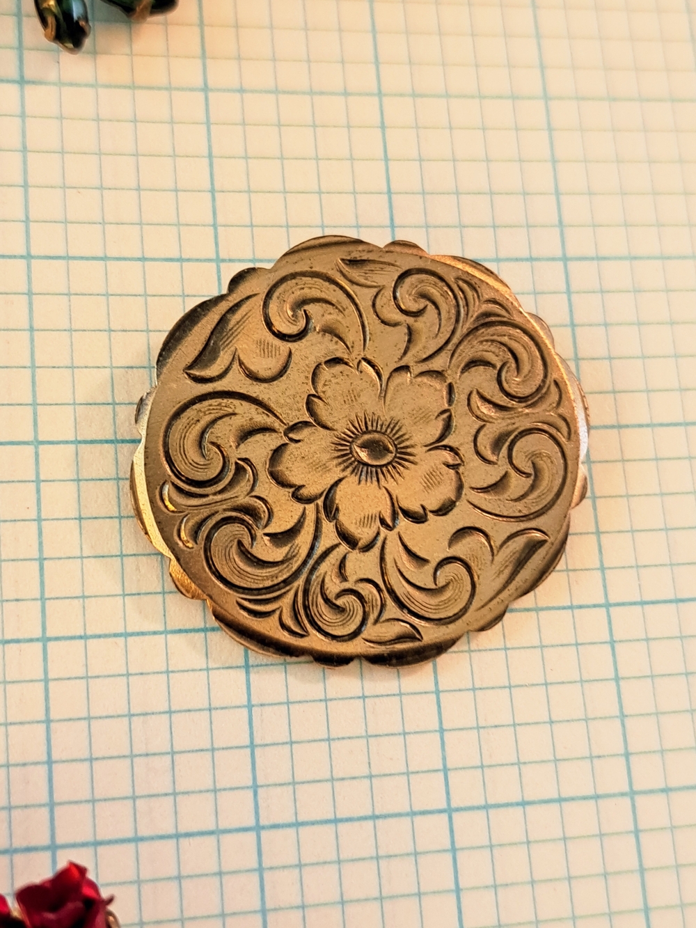 Vintage Floral Scroll Engraved Brooch Pin in Gold Tone